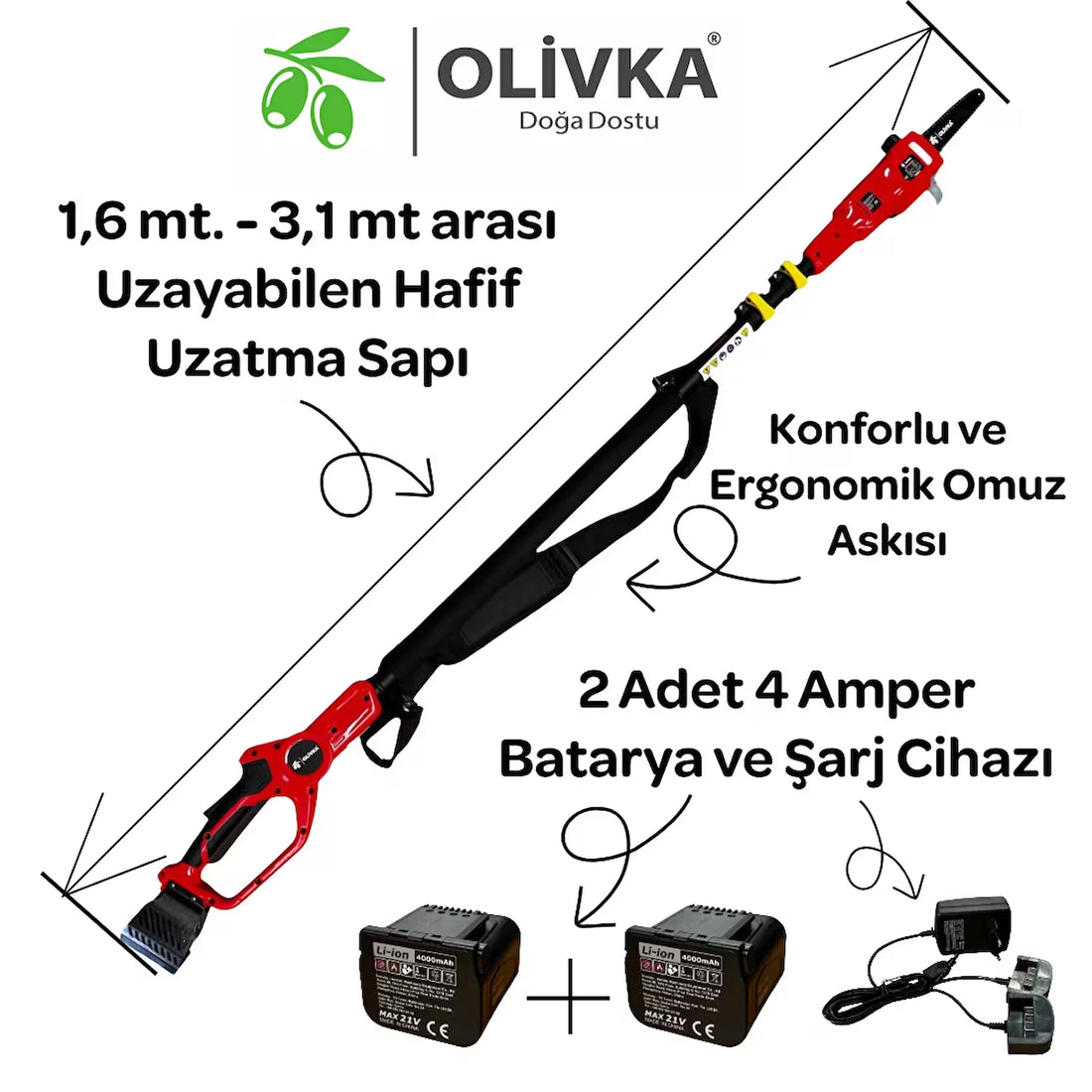 Olivka AE100 Akülü Yüksek Dal Budama Testeresi 3,1 Metre